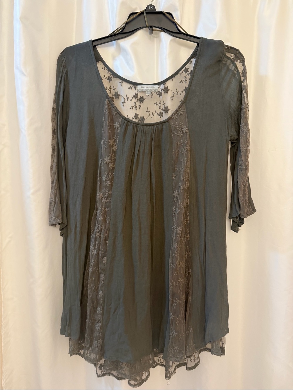 World Market Olive Green Lace-Trim Tunic Boho-Style Top
